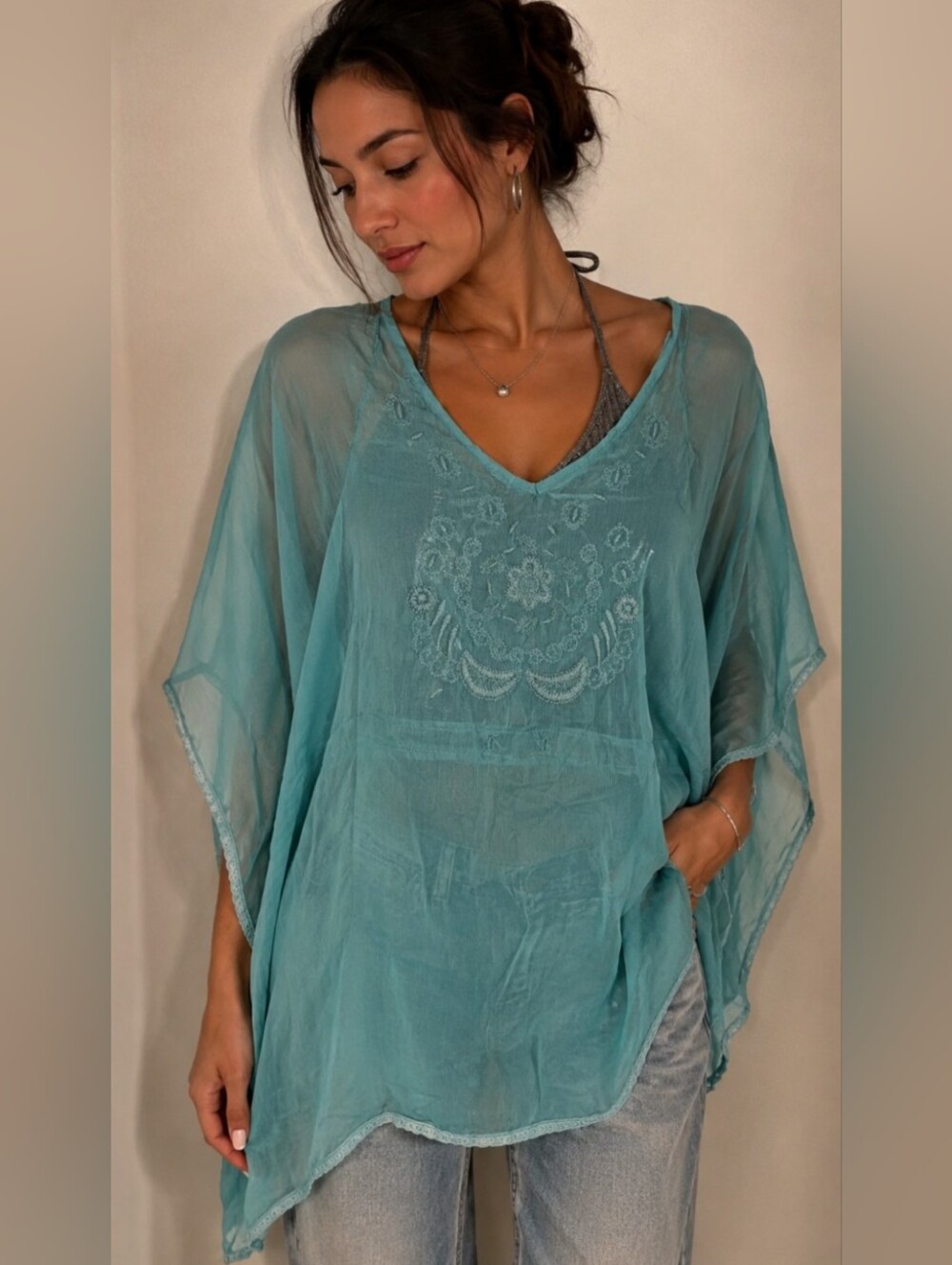 Sheer Boho Embroidered V-Neck Tunic — Aqua
